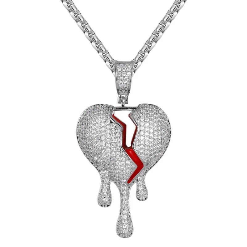 Silver Broken Dripping Heart Hip Hop Icy Red Enamel Charm sold by Master Of Bling