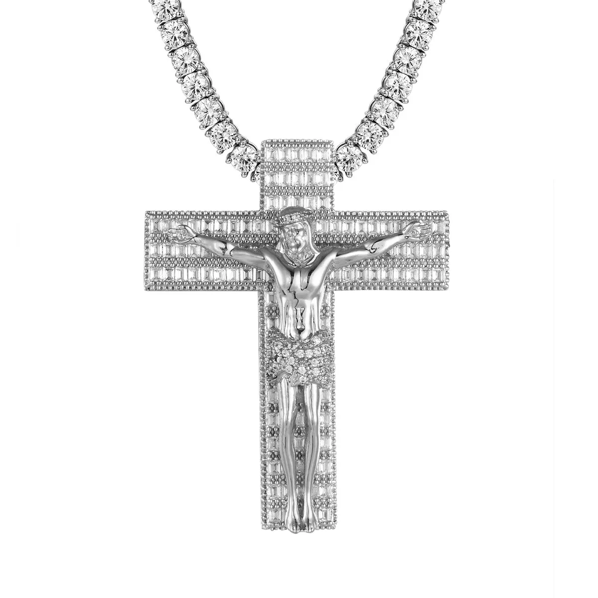 Religious Jesus Cross Crucifix Baguette Icy Silver Pendant sold by Master Of Bling product image thumbnail 2