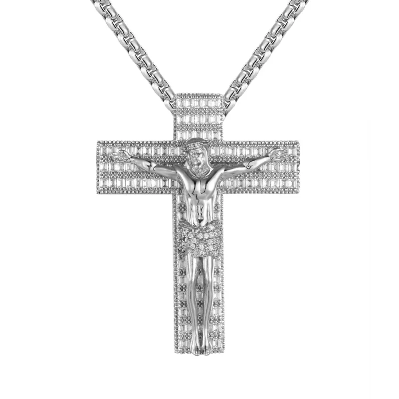 Religious Jesus Cross Crucifix Baguette Icy Silver Pendant sold by Master Of Bling