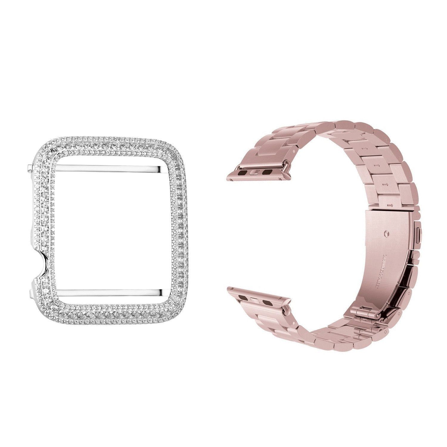 Stainless Steel 14k Rose Gold Finish 42mm Apple Watch Band & Sterling Silver Bling Bezel sold by Master Of Bling