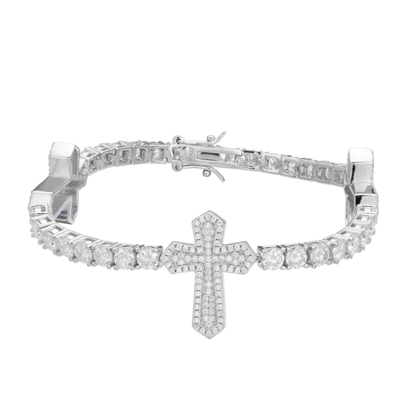 S.Silver Moissanite Diamond Cross One Row Tennis Bracelet sold by Master Of Bling