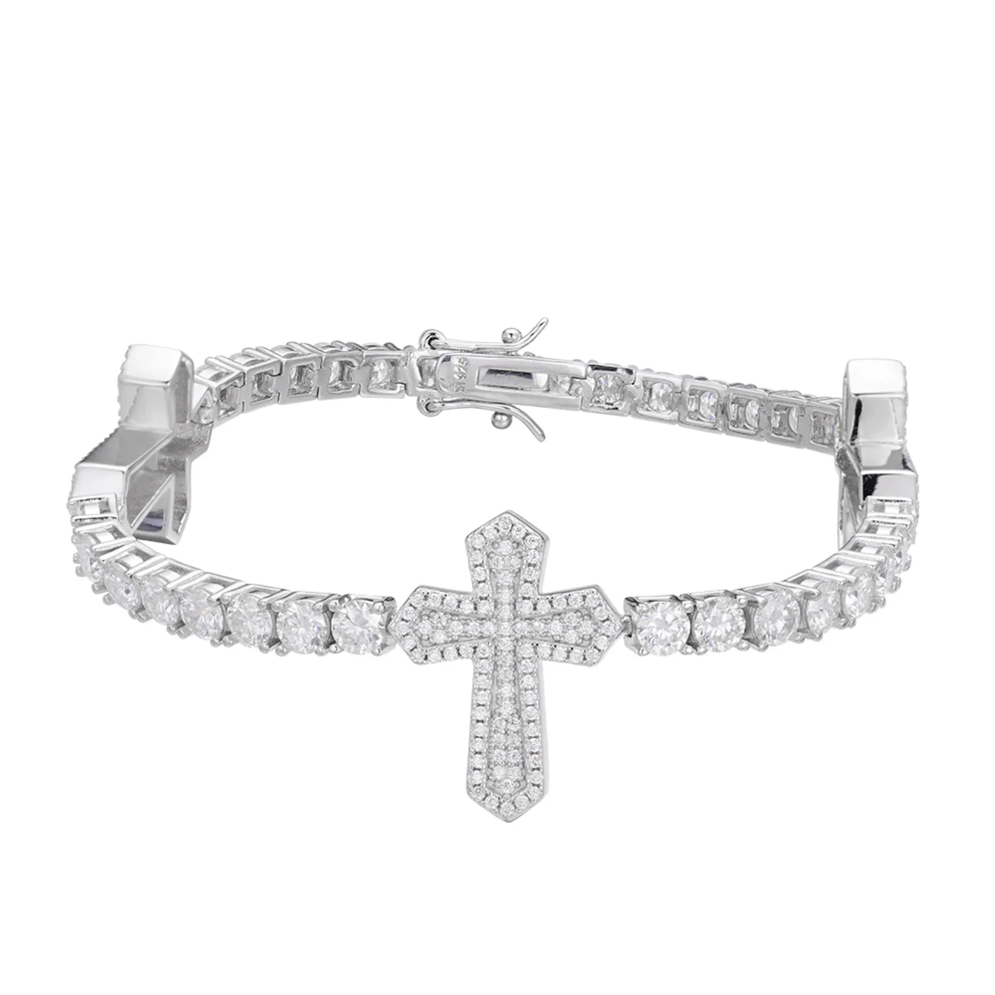 S.Silver Moissanite Diamond Cross One Row Tennis Bracelet sold by Master Of Bling
