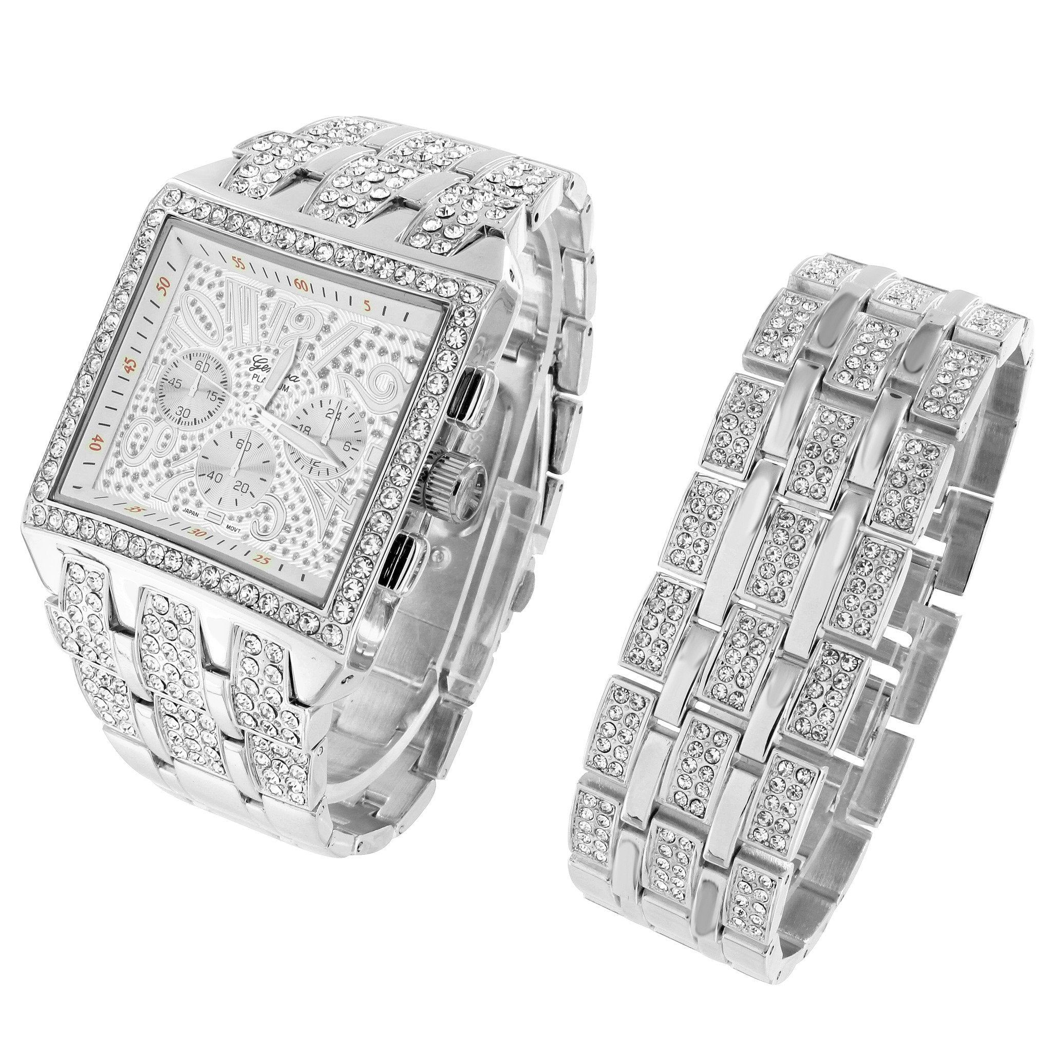 Square Face Watch Hip Hop Simulated Diamonds Mens 9.5" Bracelet sold by Master Of Bling