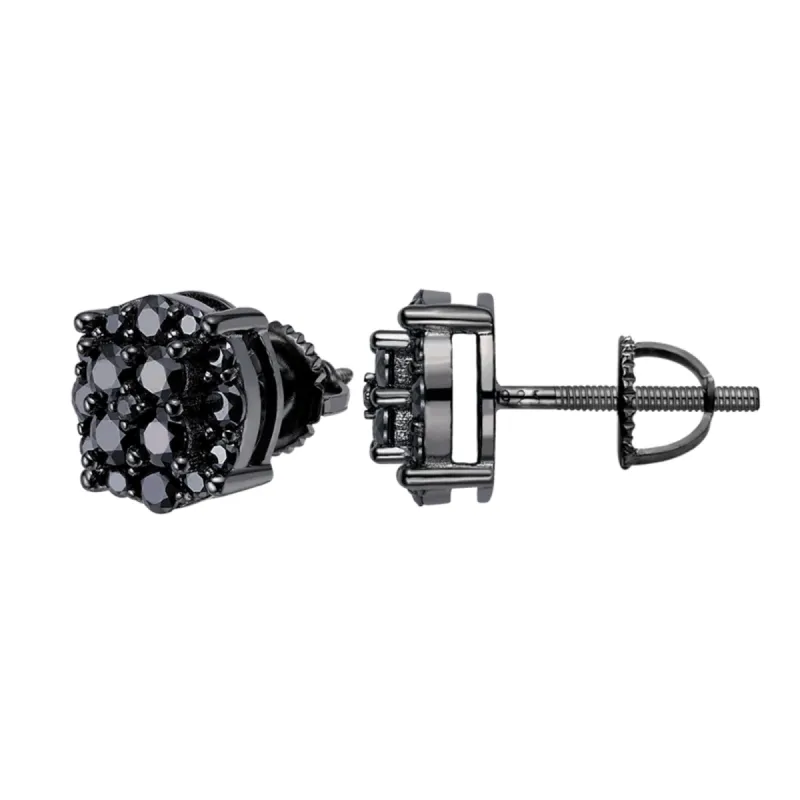 Sterling Silver Black Cluster Earrings Moissanite Screw Back Studs sold by Master Of Bling