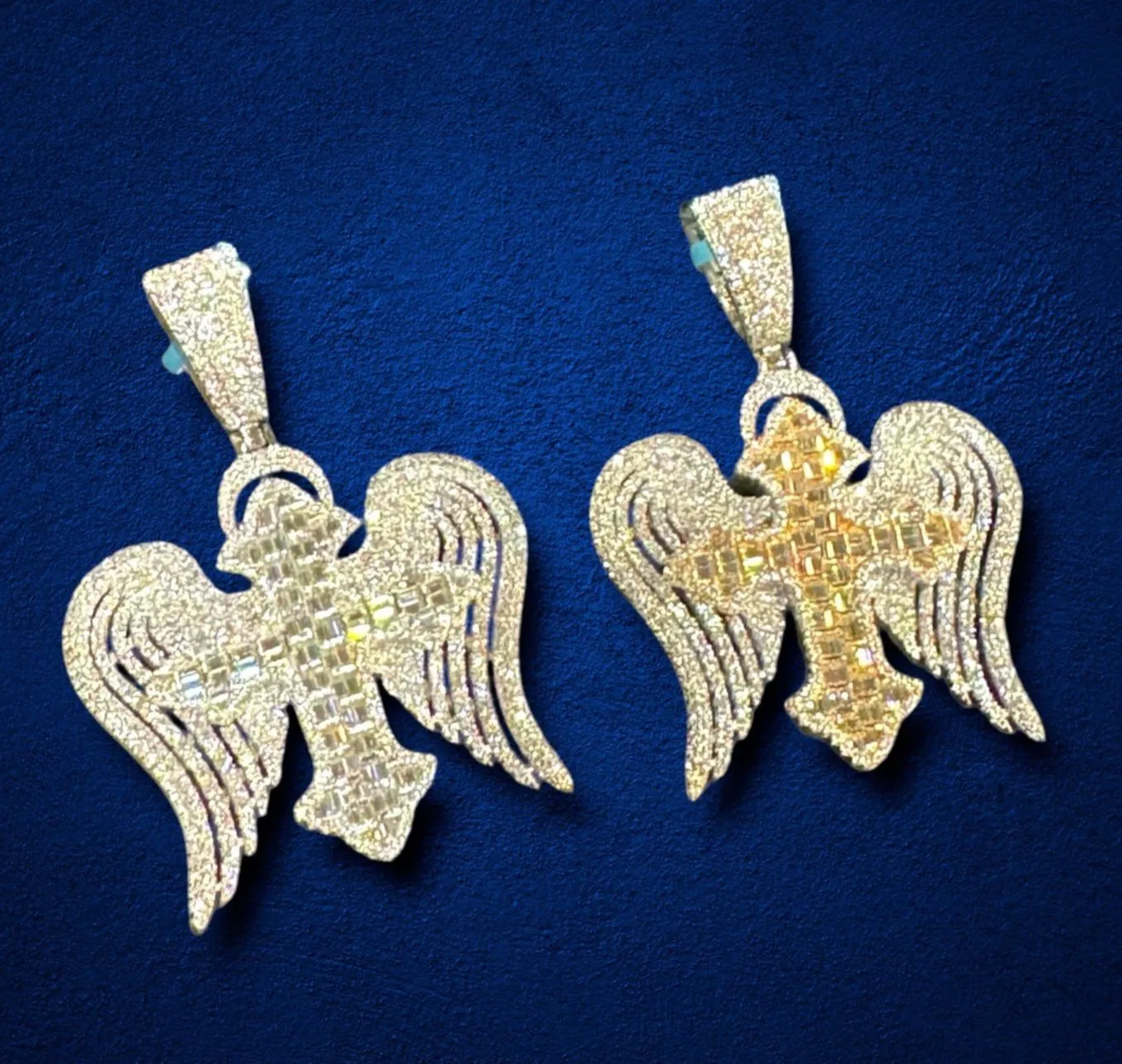 Moissanite Wing Cross Pendant Baguette 925 Silver Custom sold by Master Of Bling