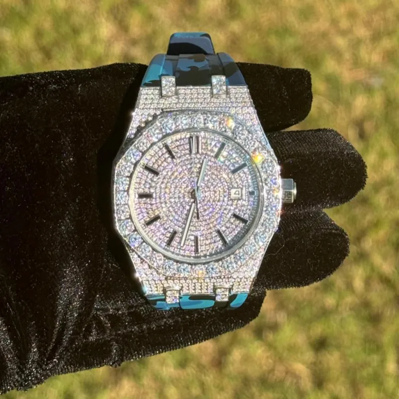 Moissanite Camouflage Blue Watch Designer Automatic Men sold by Master Of Bling