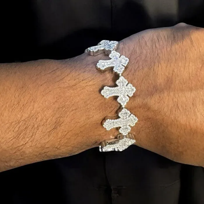 Moissanite Cross Link Bracelet Mens 925 Silver 14k sold by Master Of Bling