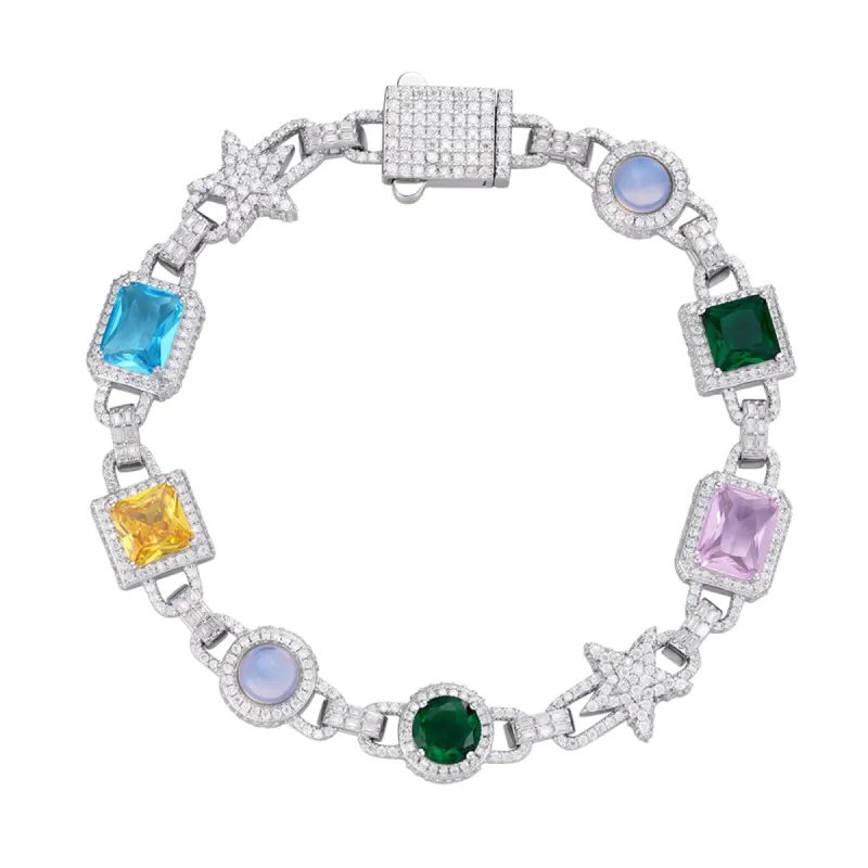 Moissanite Color Stone Star Link Bracelet 925 Silver sold by Master Of Bling