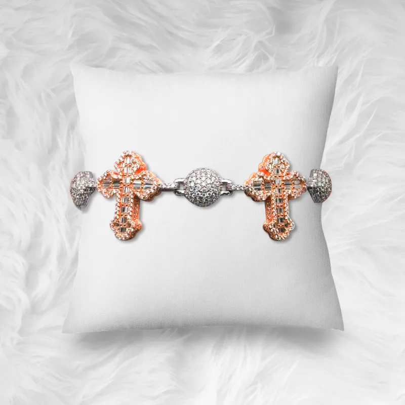 🎁 Two Tone Rose Bead Cross Silver Moissanite Iced Bracelet (100% off) sold by Master Of Bling