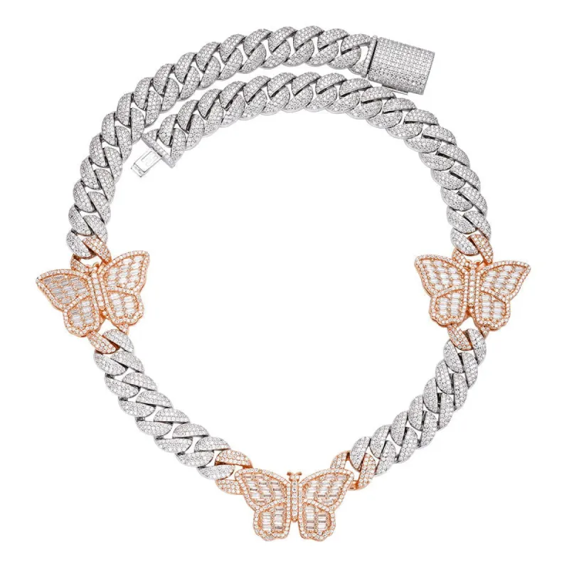 🎁 Moissanite Diamond Butterfly Miami Cuban Two Tone Rose 925 Silver Necklace (100% off) sold by Master Of Bling