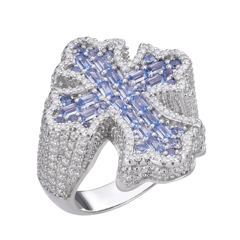Baguette Aquamarine Cross Ring Mens Moissanite 925 sold by Master Of Bling