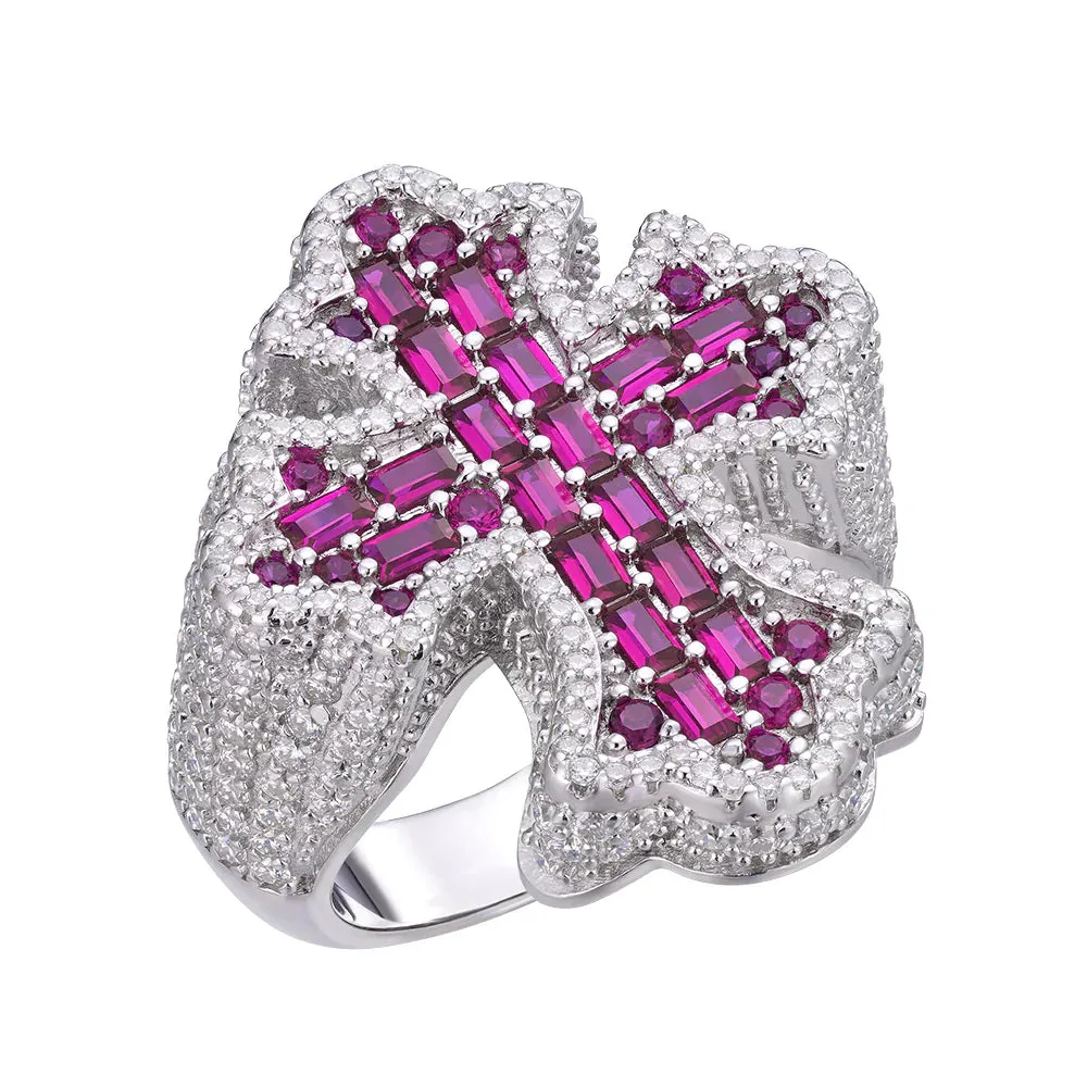 Moissanite Mens Cross Ring Red Stone 925 Silver sold by Master Of Bling