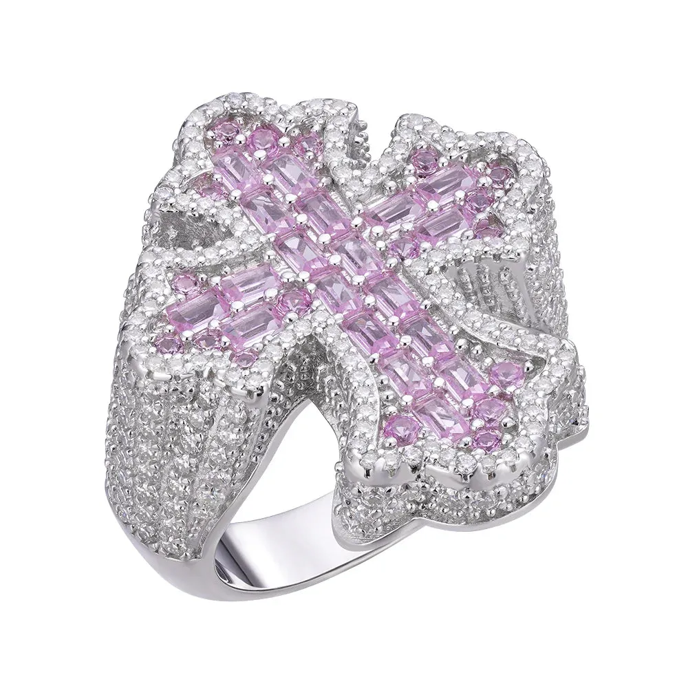 Mens Moissanite Cross Ring Pink Stone 925 Silver sold by Master Of Bling