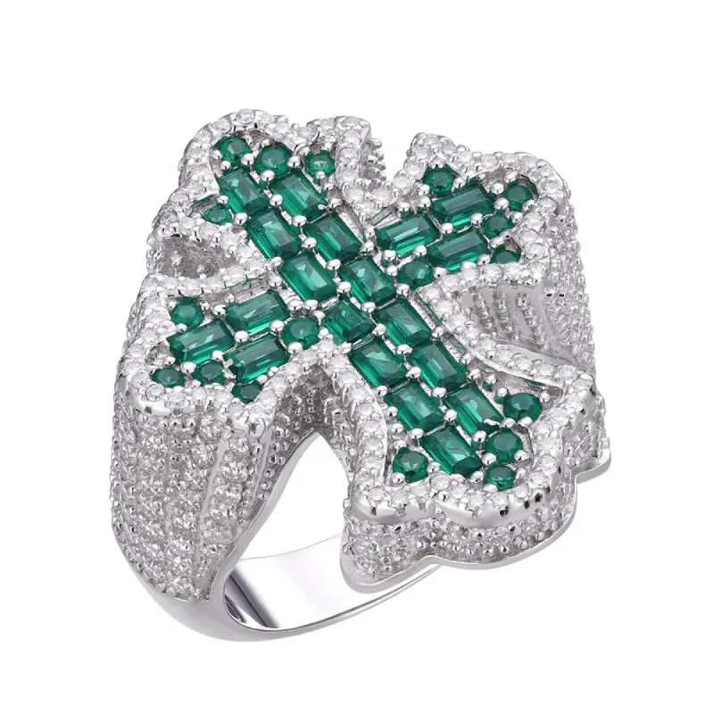 925 Moissanite Green Emerald Stone Mens Cross Ring sold by Master Of Bling