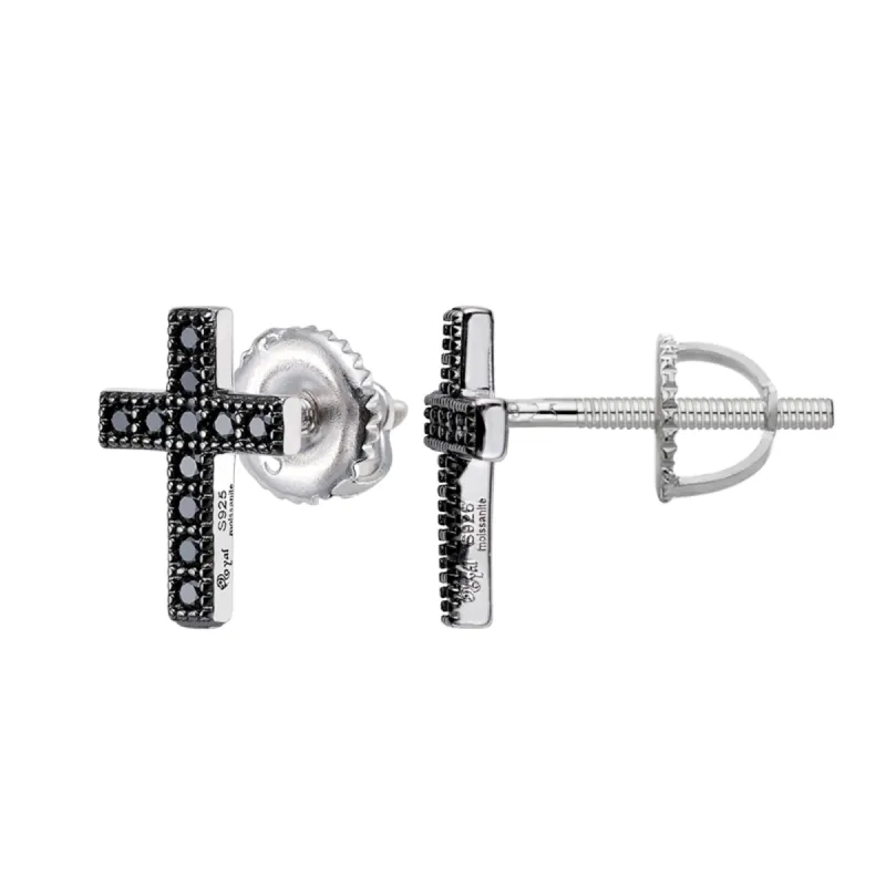 S.Silver Round Black Moissanite Cross Religious Stud Earrings sold by Master Of Bling