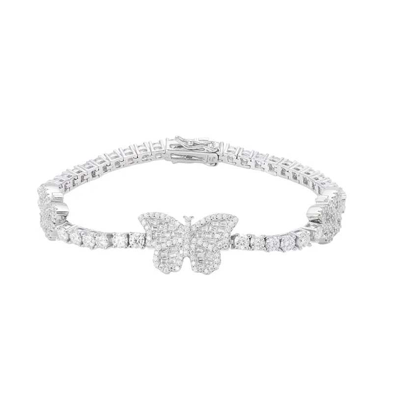 925 Silver  Baguette 3mm Tennis Moissanite Butterfly Designer 7 Inch Bracelet sold by Master Of Bling