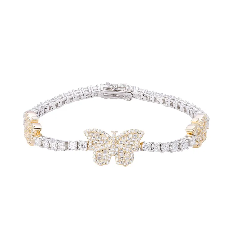 925 Silver  Baguette 3mm Tennis Moissanite Butterfly Designer 7Inch Bracelet sold by Master Of Bling