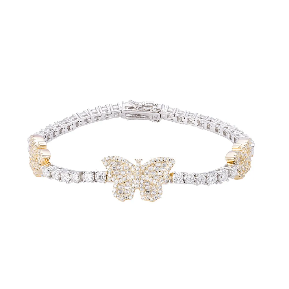 925 Silver Baguette 3mm Tennis Moissanite Butterfly Designer 7Inch Bracelet sold by Master Of Bling