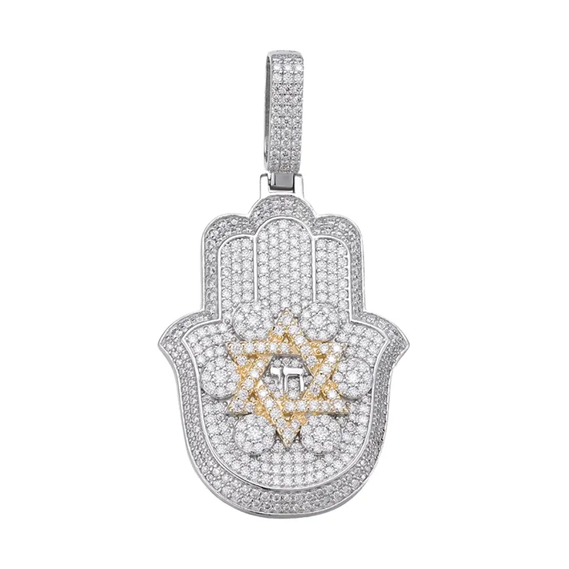 Moissanite 2 Tone Gold Hamsa Hand Pendant 925 Silver sold by Master Of Bling