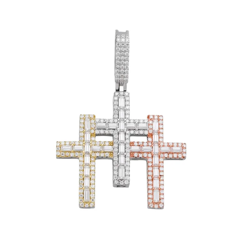 Moissanite Triple Cross Pendant 3 Tone Gold, Rose Silver sold by Master Of Bling