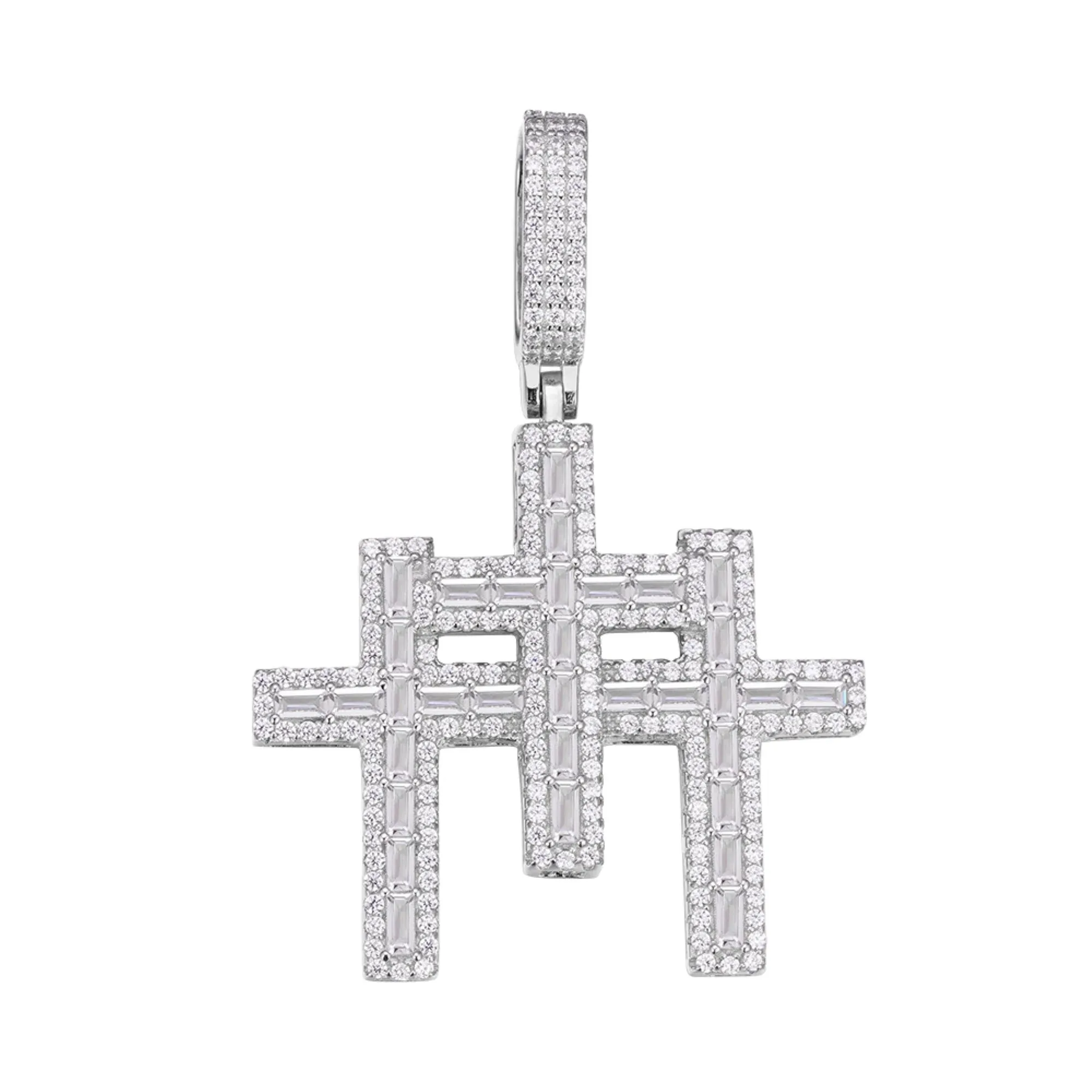 925 Silver Baguette Triple 3 Cross Pendant Moissanite sold by Master Of Bling