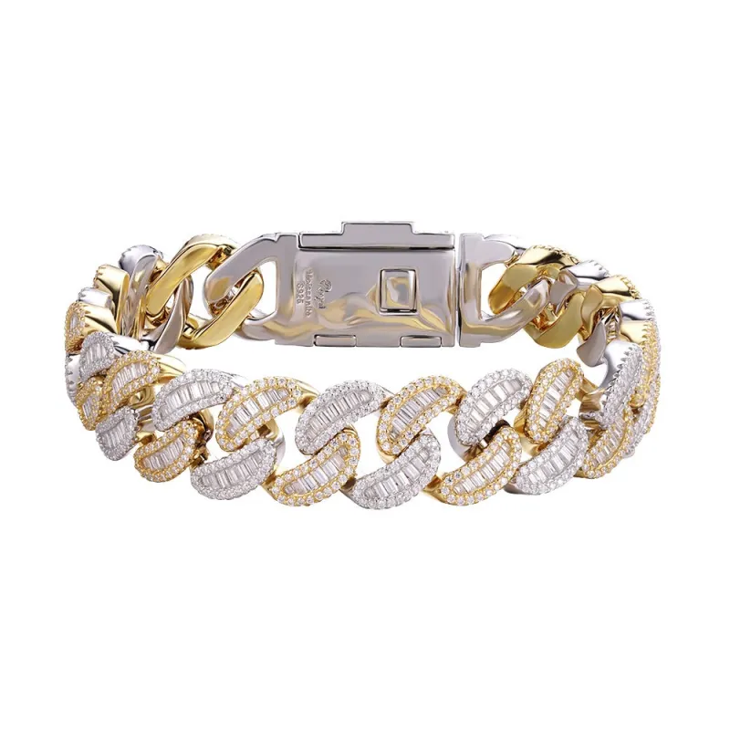 14k Cuban 18mm Bracelet Baguette Moissanite 2 Tone Silver sold by Master Of Bling