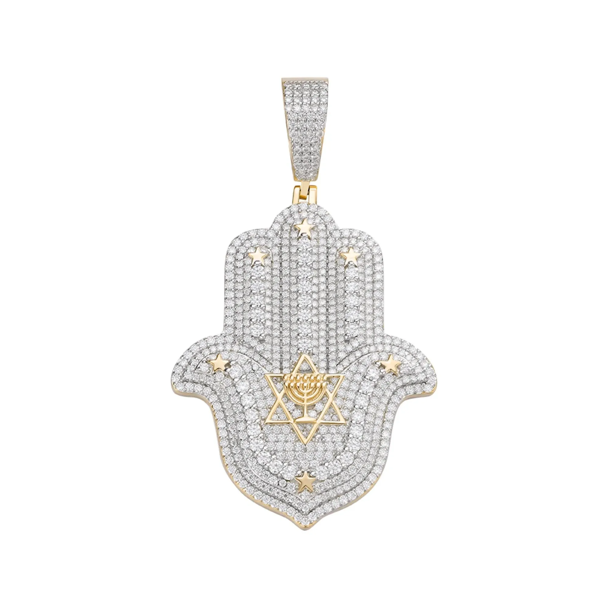 Moissanite Hamsa Hand Silver Pendant 2 Tone Gold sold by Master Of Bling