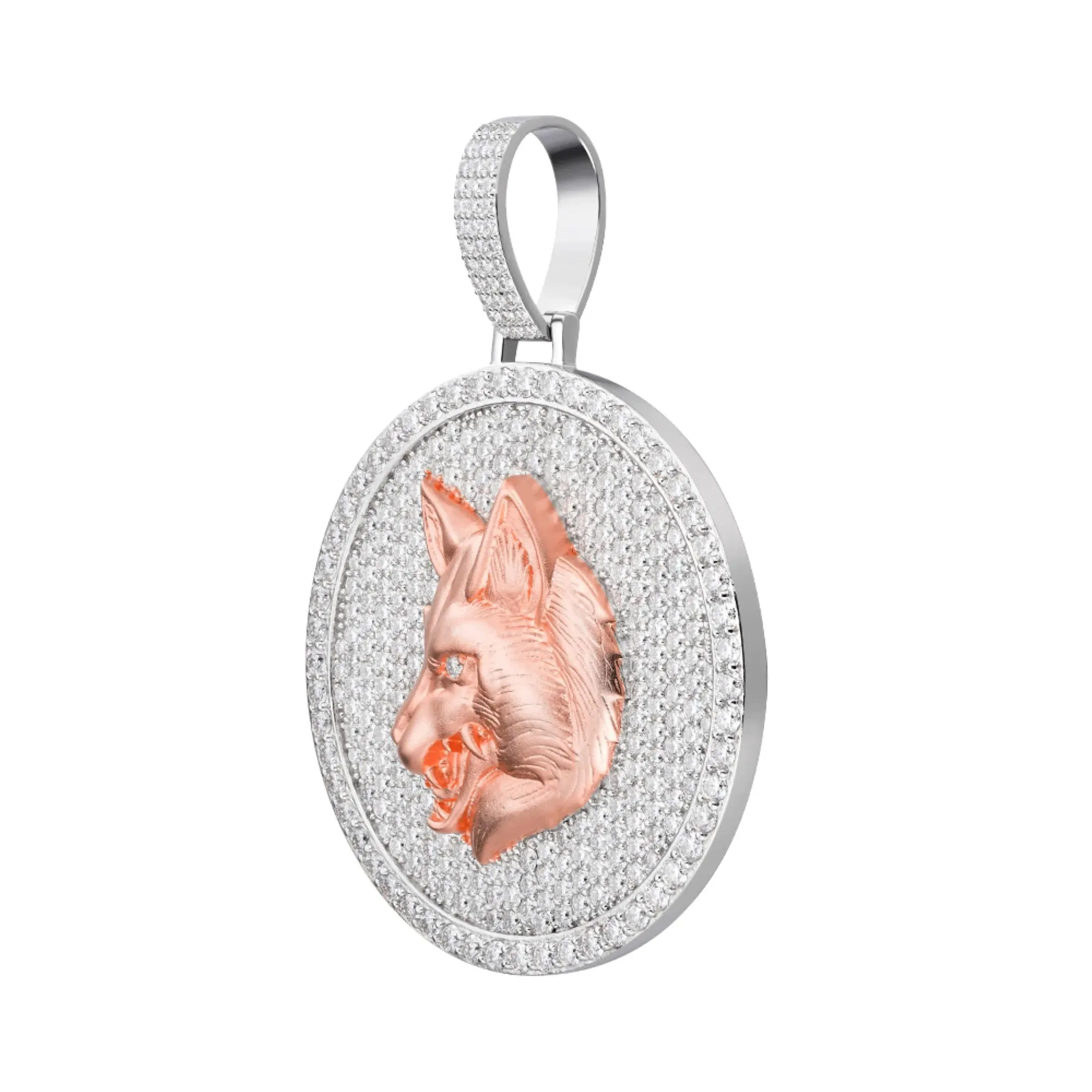 14k 2 Tone Rose Wolf Pendant Moissanite 925 Charm sold by Master Of Bling product image thumbnail 2