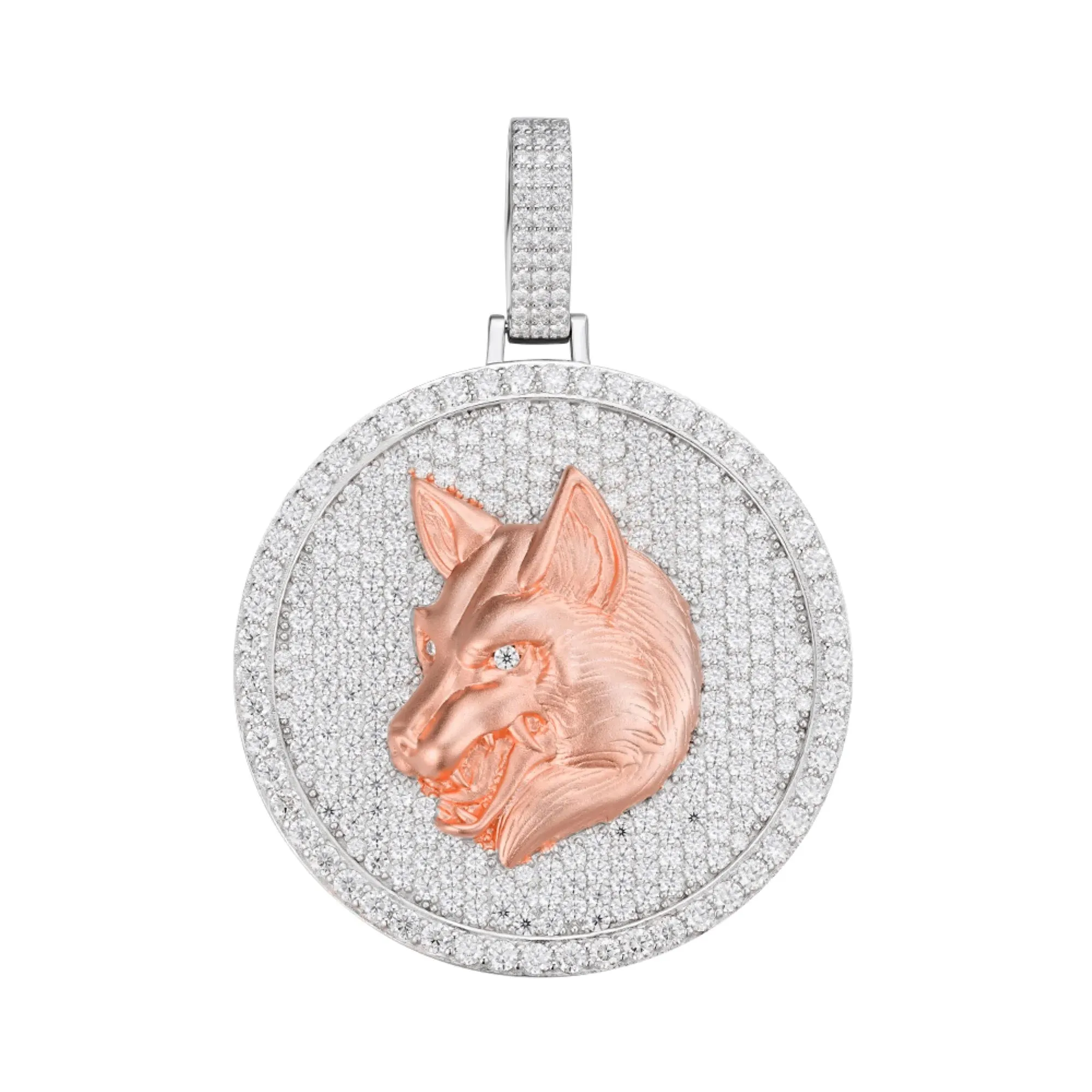 14k 2 Tone Rose Wolf Pendant Moissanite 925 Charm sold by Master Of Bling