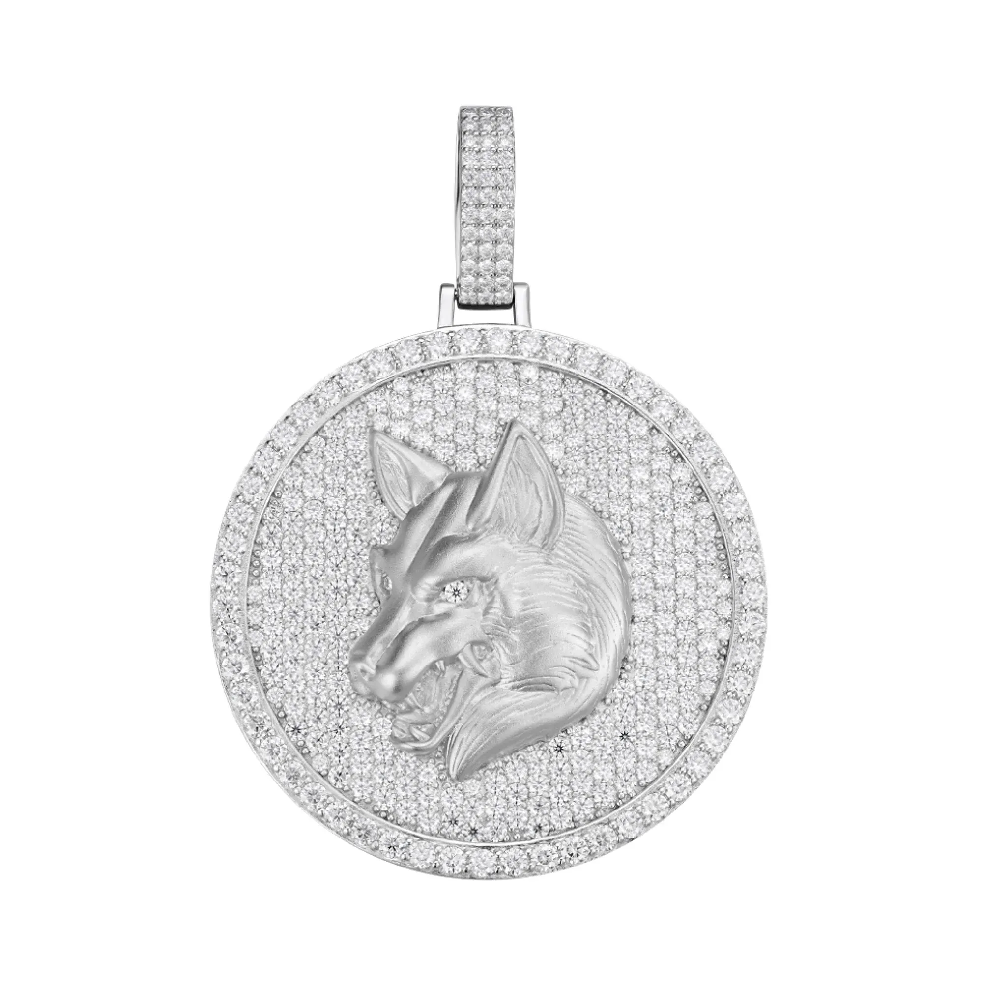 Moissanite Wolf Animal Pendant 925 Silver Medallion sold by Master Of Bling