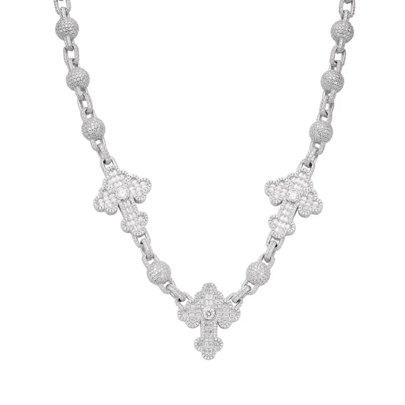 Moissanite Bead Cross Rosary Chain Silver Baguette sold by Master Of Bling