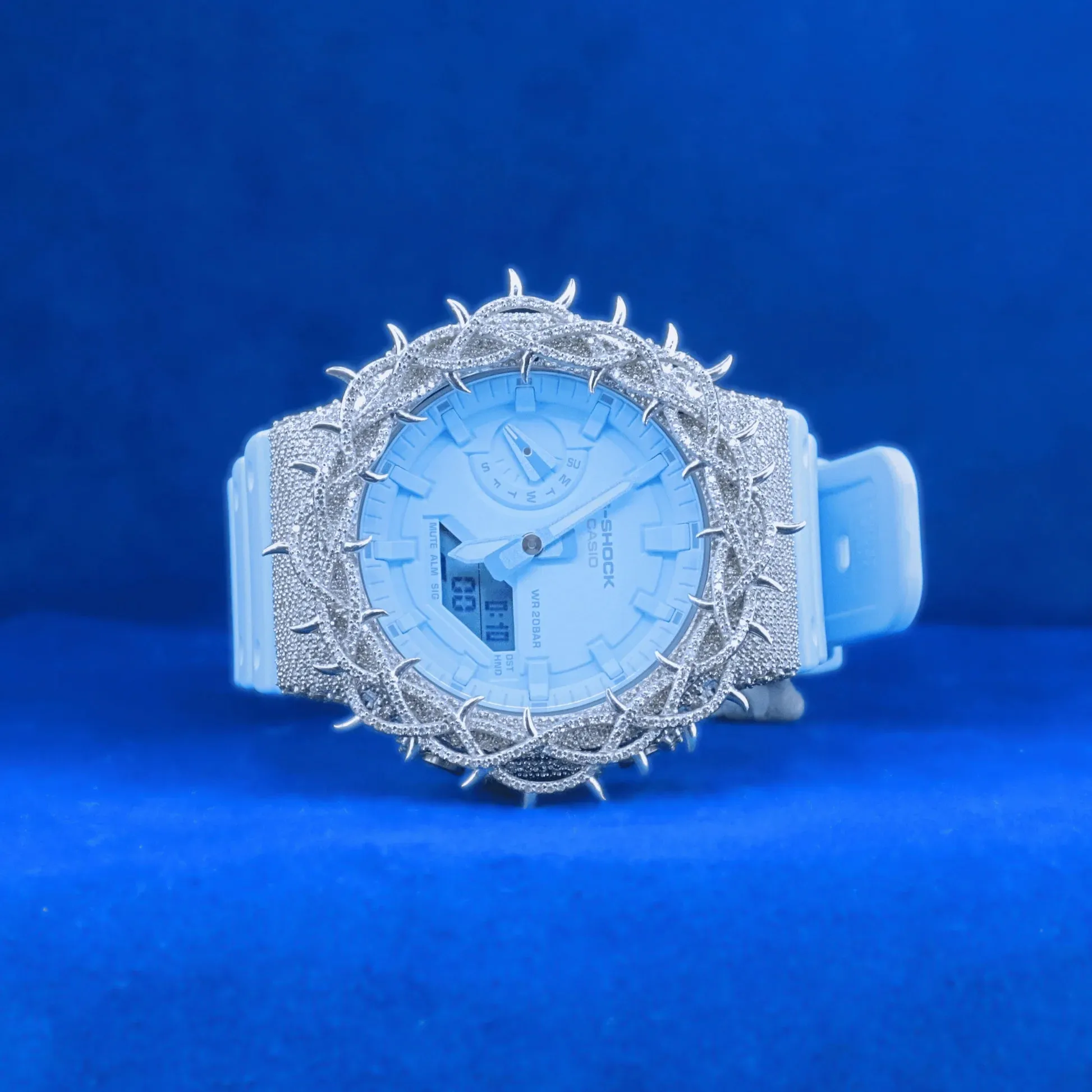 Neon Blue Moissanite G Shock Custom Thorn Watch sold by Master Of Bling