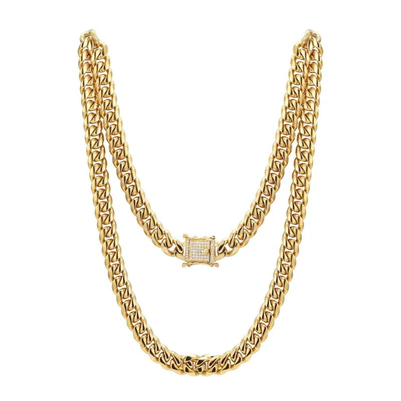 Men's Stainless Steel 14mm Miami Cuban Link 14k Gold Finish Chain 24" Designer out new Lock sold by Master Of Bling