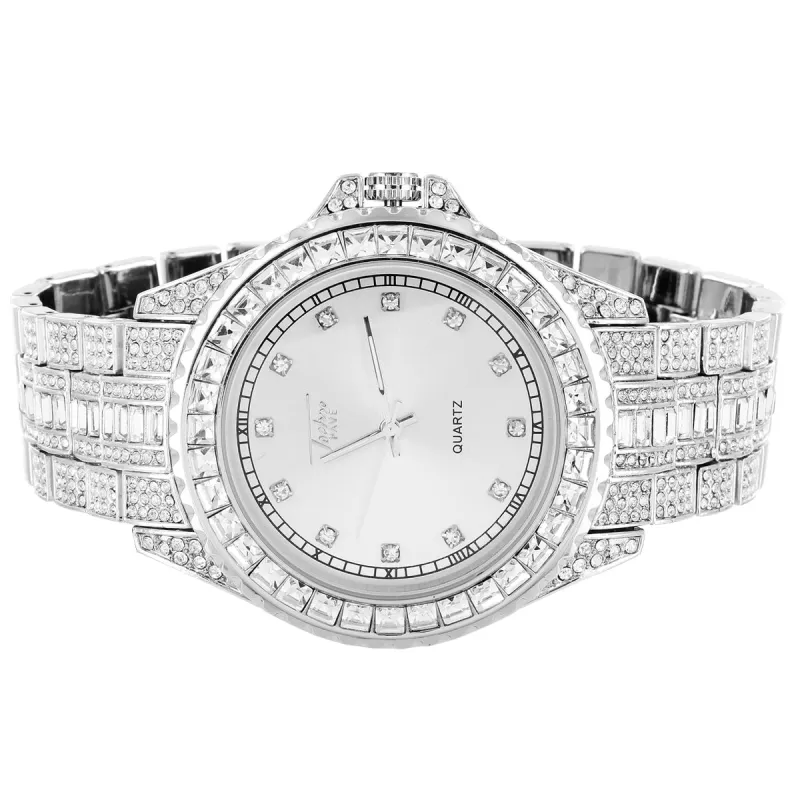 Mens White Finish Baguette Bezel Icy Band Designer Watch sold by Master Of Bling
