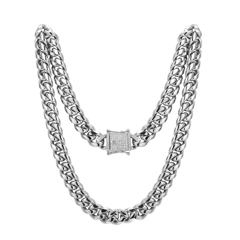 Stainless Steel 14mm Miami Cuban Link 14k White Gold Finish Chain 24" Designer out new Lock sold by Master Of Bling