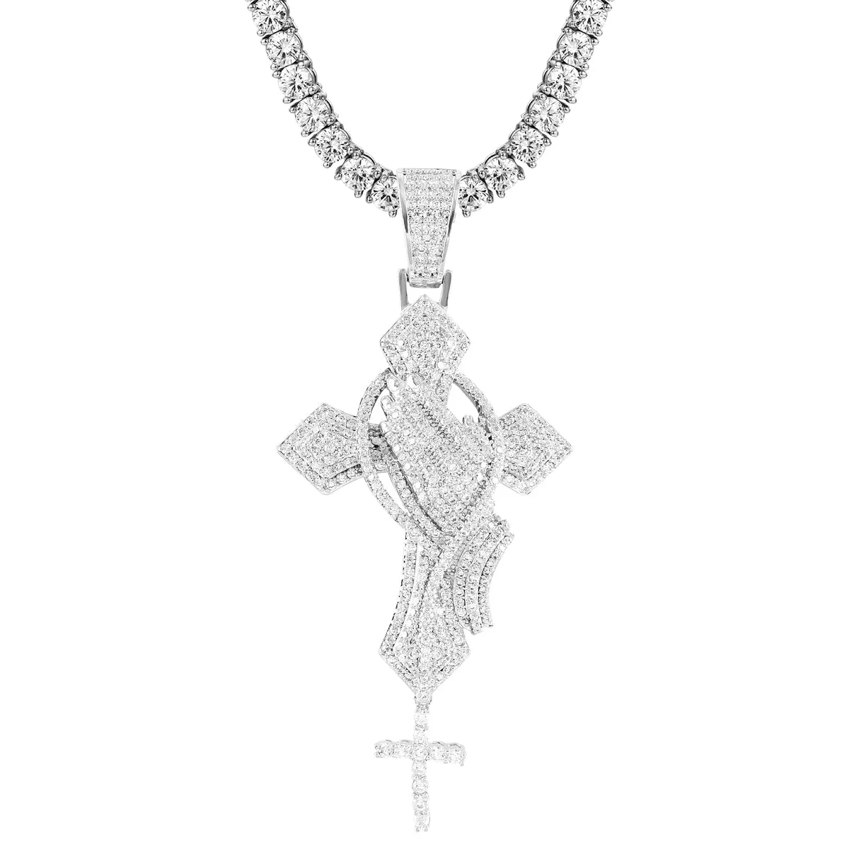 Silver Religious Praying Hand Holy Cross Rosary Charm Necklace sold by Master Of Bling product image thumbnail 4