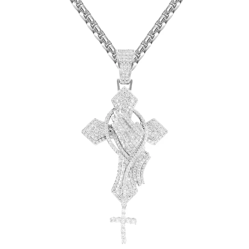 Silver Religious Praying Hand Holy Cross Rosary Charm Necklace sold by Master Of Bling
