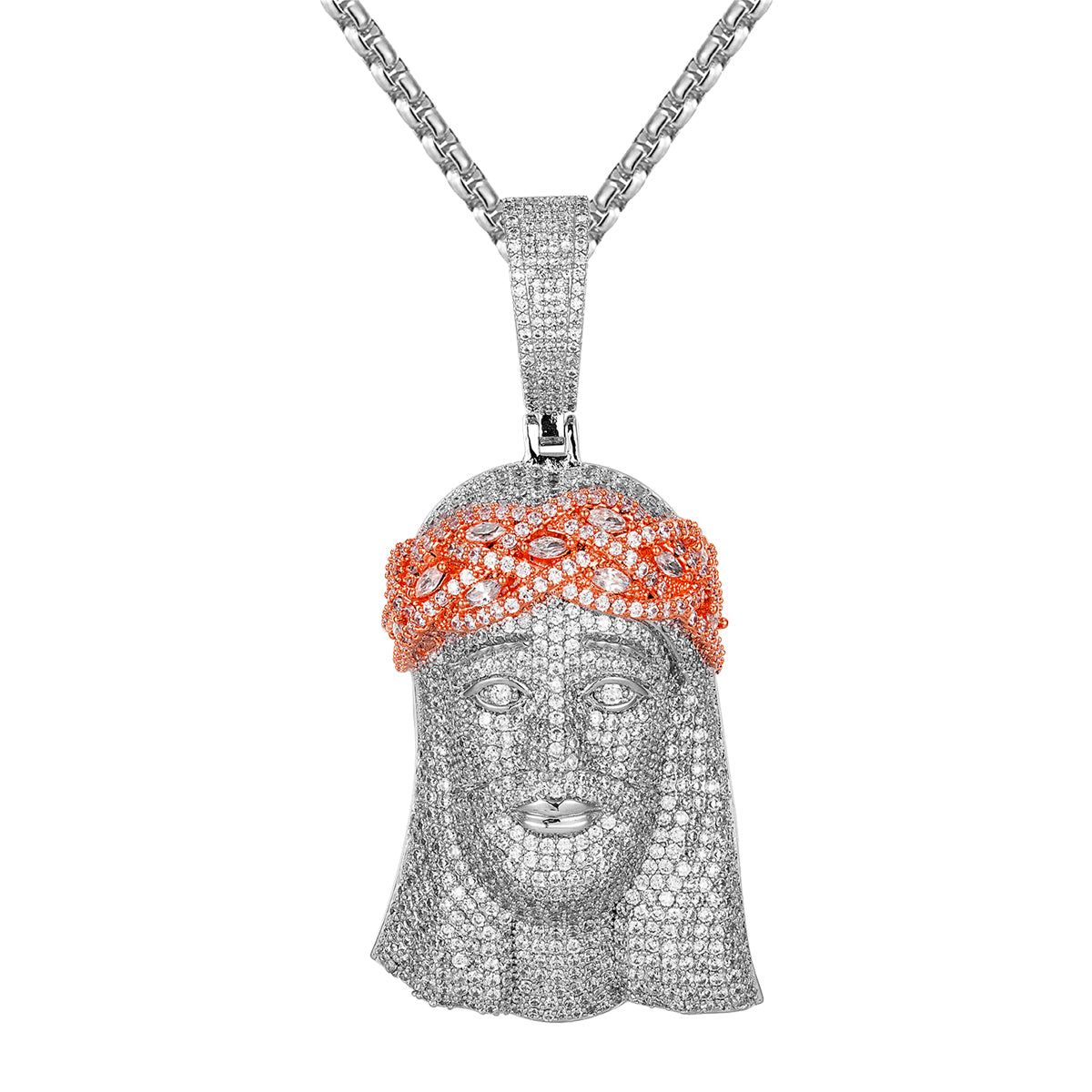 Moissanite VVS 10.4Ct. Jesus Crown Pendant White & Rose Tone Silver sold by Master Of Bling
