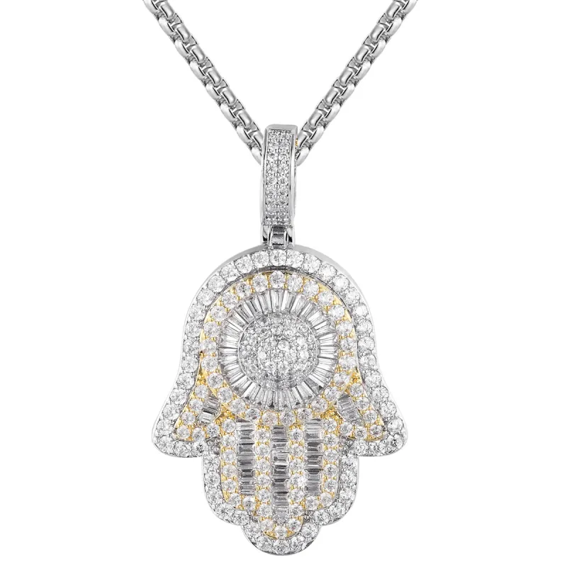 Sterling Silver Hamsa Hand Baguette Bling Mens Pendant sold by Master Of Bling
