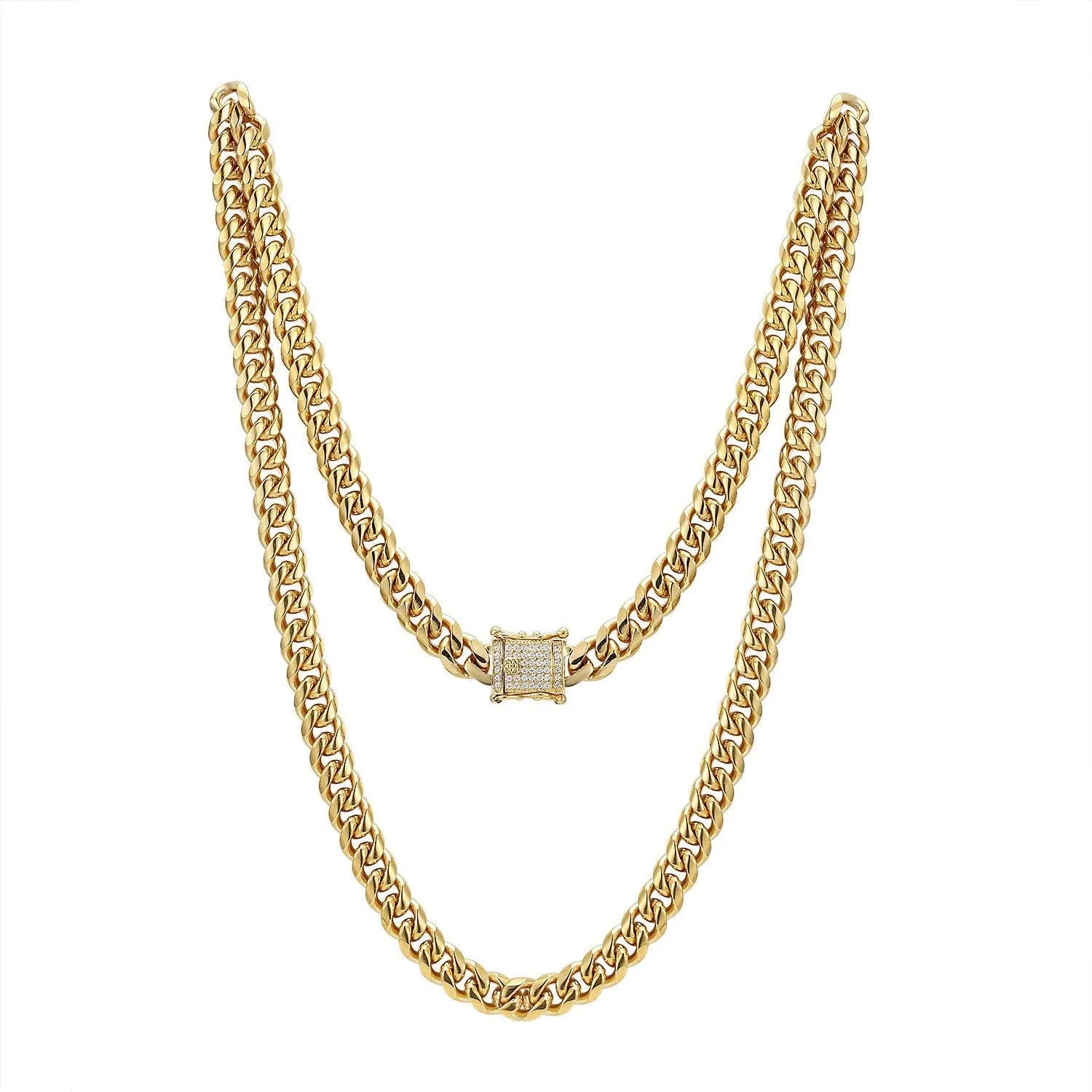 Men's Stainless Steel 10mm Miami Cuban Link 14k Gold Finish Chain 24" Designer out Lock sold by Master Of Bling