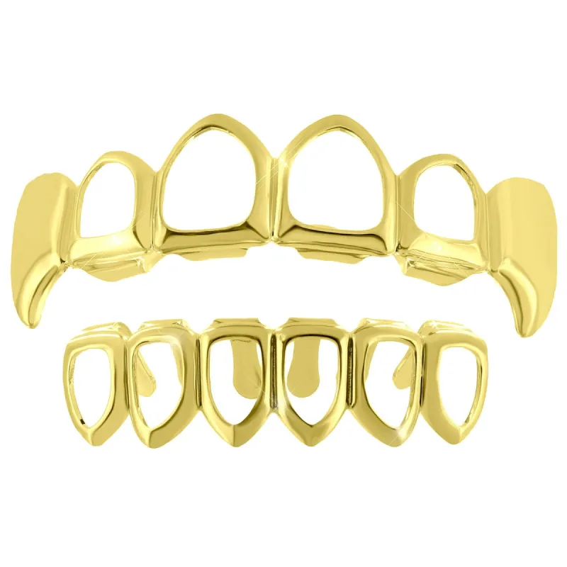 Cut  Fangs Grillz Top Bottom Set 14k Yellow Finish Sale sold by Master Of Bling