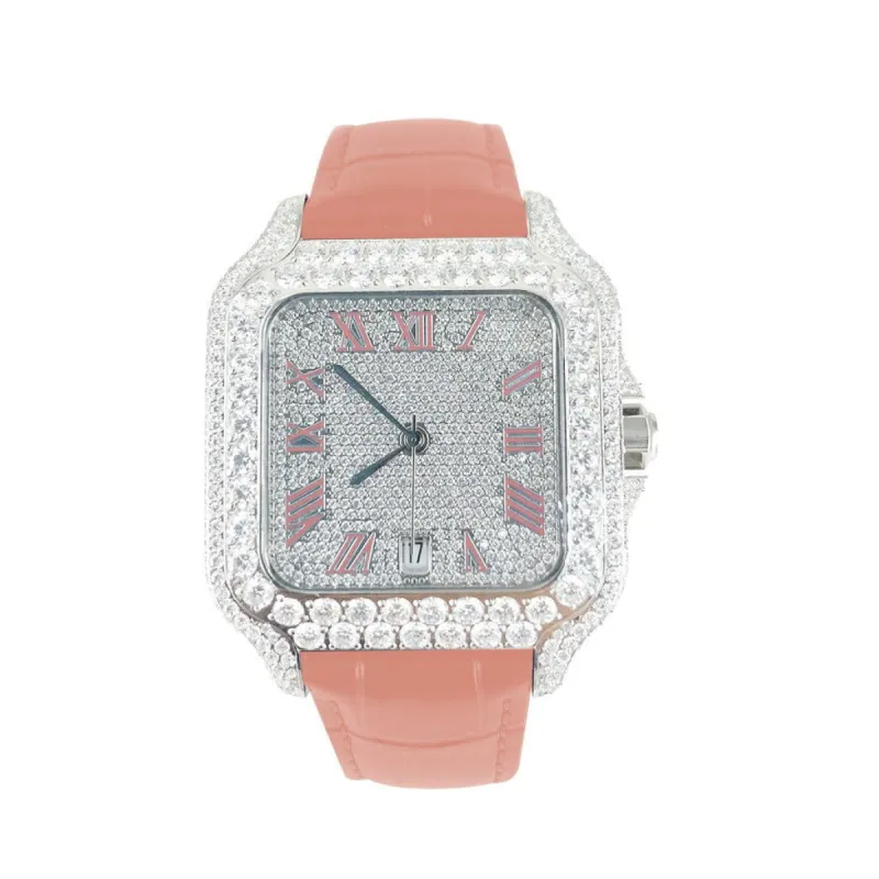 Moissanite Diamond Pink Leather Watch Designer Men Women New sold by Master Of Bling