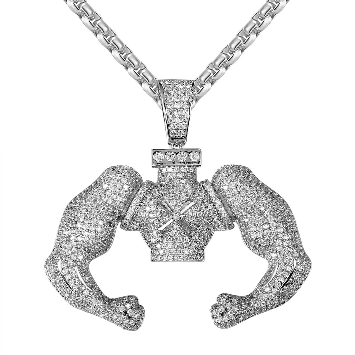 14K White Gold Tone Bicep Muscle Icy Custom Hip Hop Pendant sold by Master Of Bling