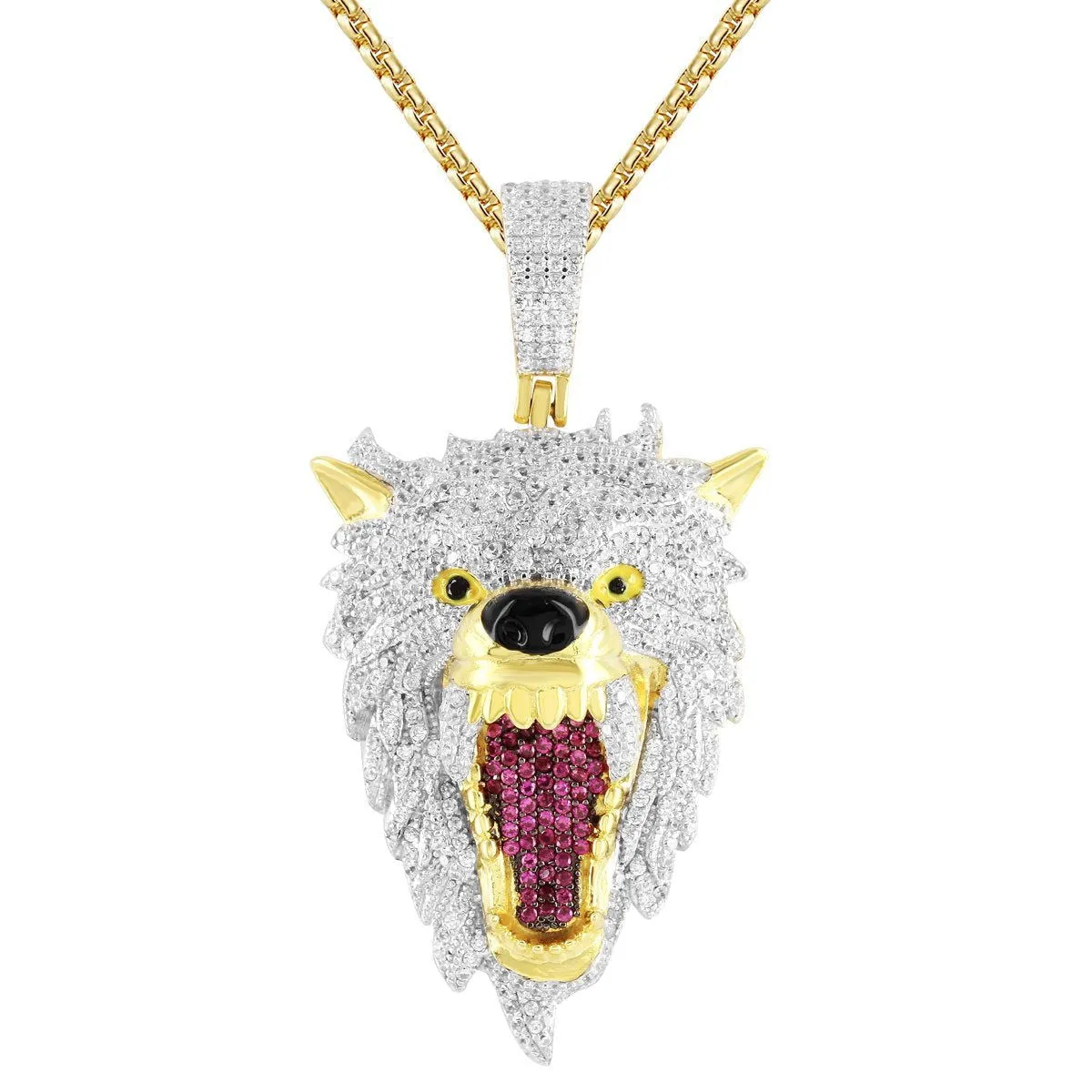 Men's Roaring Wolf Fierce Animal Silver Pendant Chain sold by Master Of Bling
