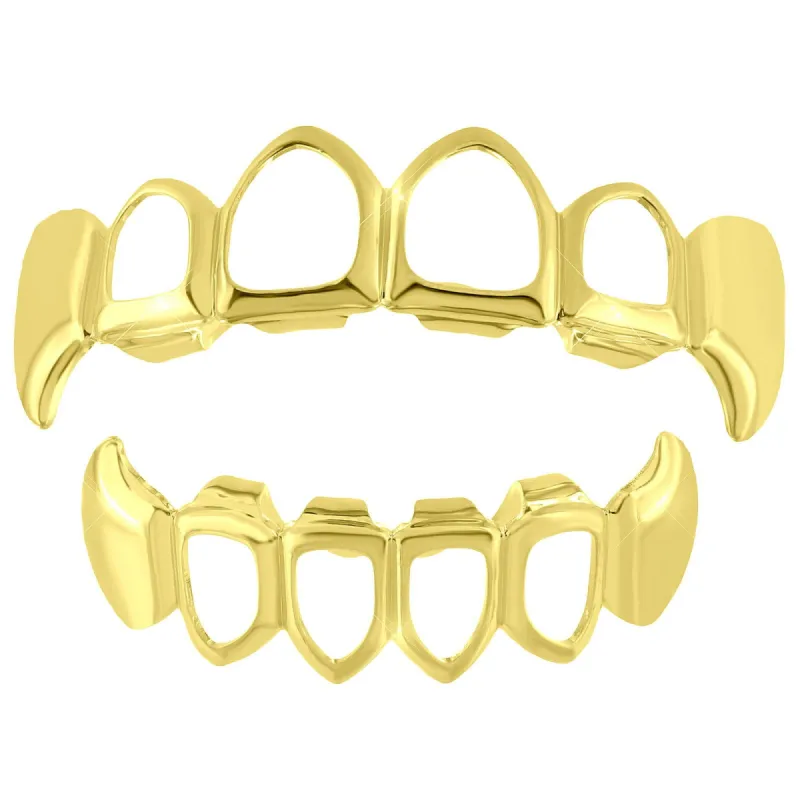 Custom Designer Grillz Fangs Set Top Bottom 14k Yellow Finish sold by Master Of Bling