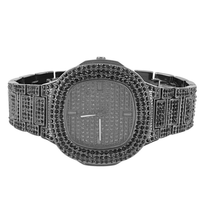 Men's Custom Black  Square Bezel Metal Link Watch sold by Master Of Bling