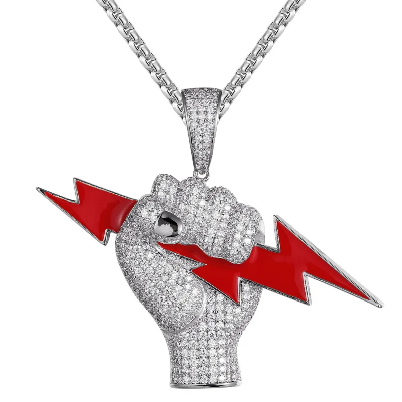 14K White Gold Tone Bolt Fist Lightning Icy Custom Pendant sold by Master Of Bling