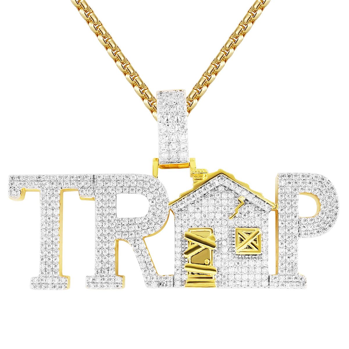 Gold Finish Trap House Bling Rapper Pendant Free Box Chain sold by Master Of Bling
