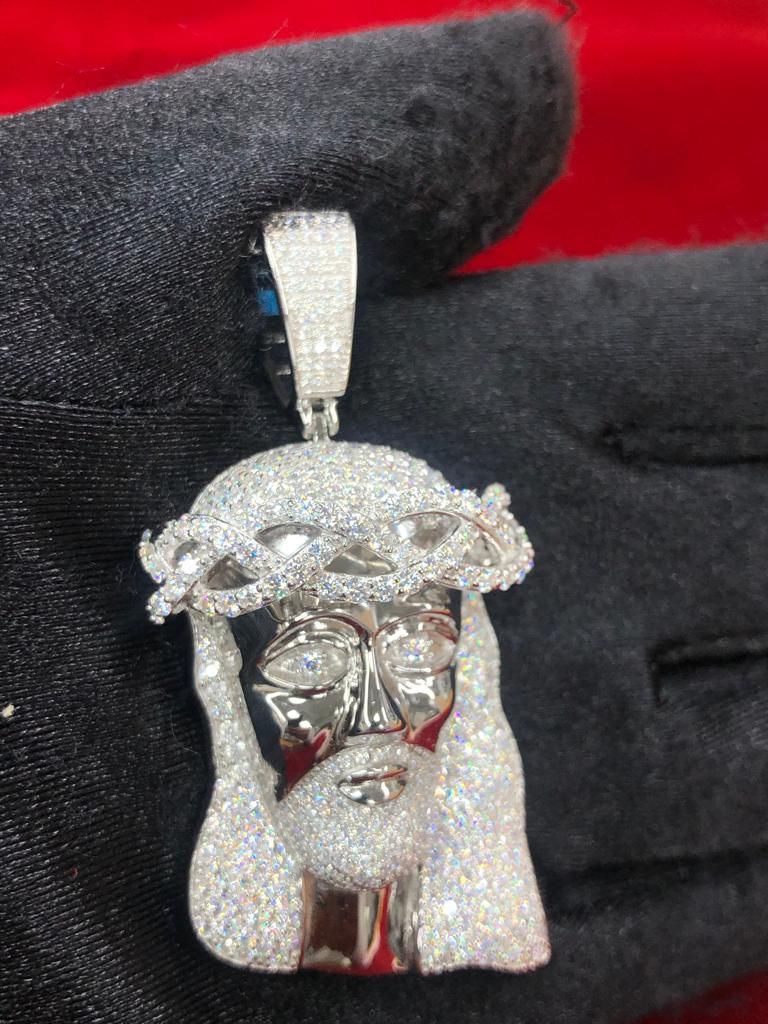 Real Silver VVS Moissanite Jesus 5.54 CT Icey Pendant White Tone sold by Master Of Bling