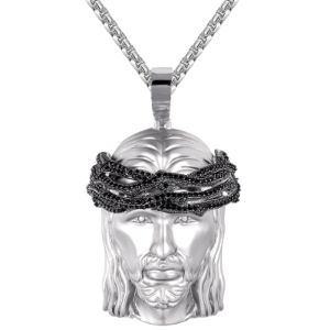 925 Silver Holy Jesus Matte Black Icy Crown Catholic God Pendant sold by Master Of Bling
